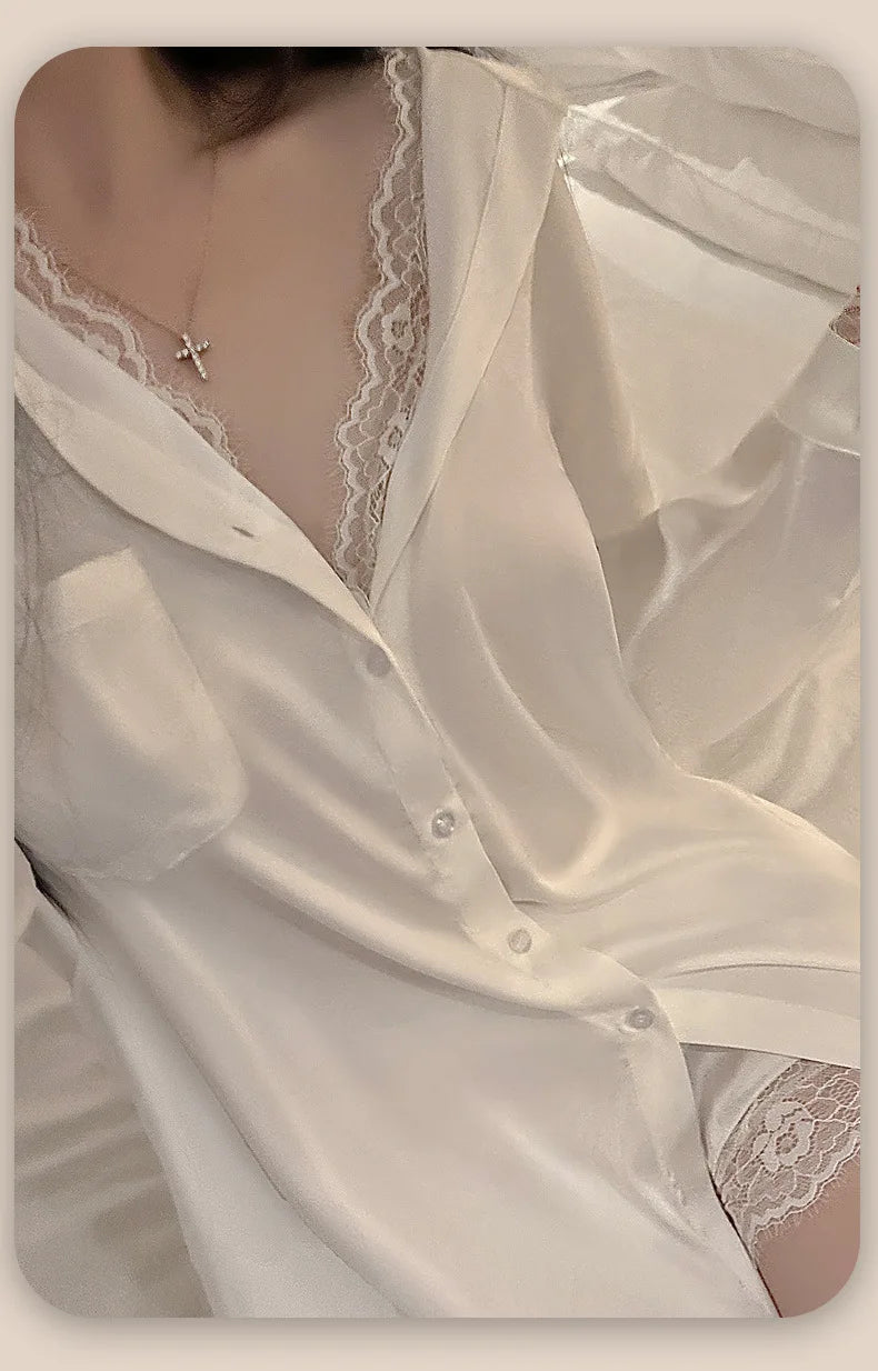 Ladies sexy boyfriend style shirt sexy pure desire lace atmosphere emotional fun pajamas ice silk shirt skirt home service suit