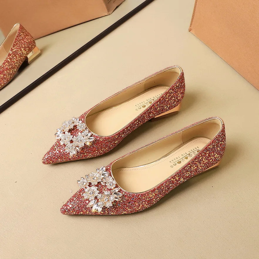 Designer Women Shoes Luxury Sequin Crystal Wedding Bridal Shoes Temperament Metal Buckle Rhinestone Pointe Low Heel Single Shoes