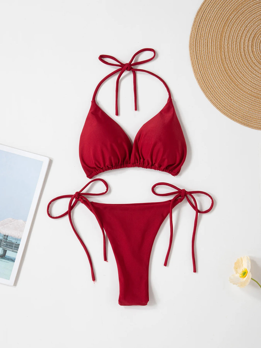 New European and American Pure Color Sexy Tied Rope Spicy Girl Temperament Women's Fashionable Bikini Swimsuit Bright Color