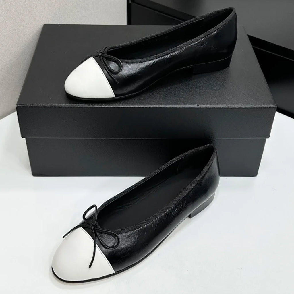 2026 Women's Two-Tone Cap-Toe Ballet Flats, Round Toe Leather Slip-On Shoes, Retro Elegant Chic Office & Date Flats YYT26041914