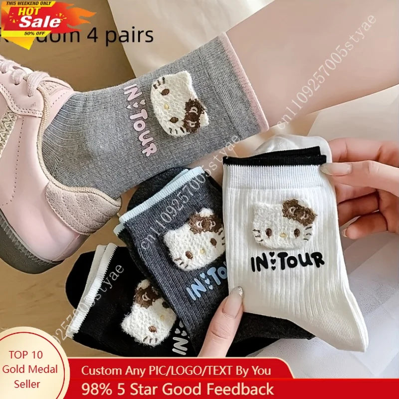 4 Pairs Hello Kitty All-Match Autumn Winter Style Women'S Skin-Friendly Soft Comfortable Cute Sweet Cartoon Casual