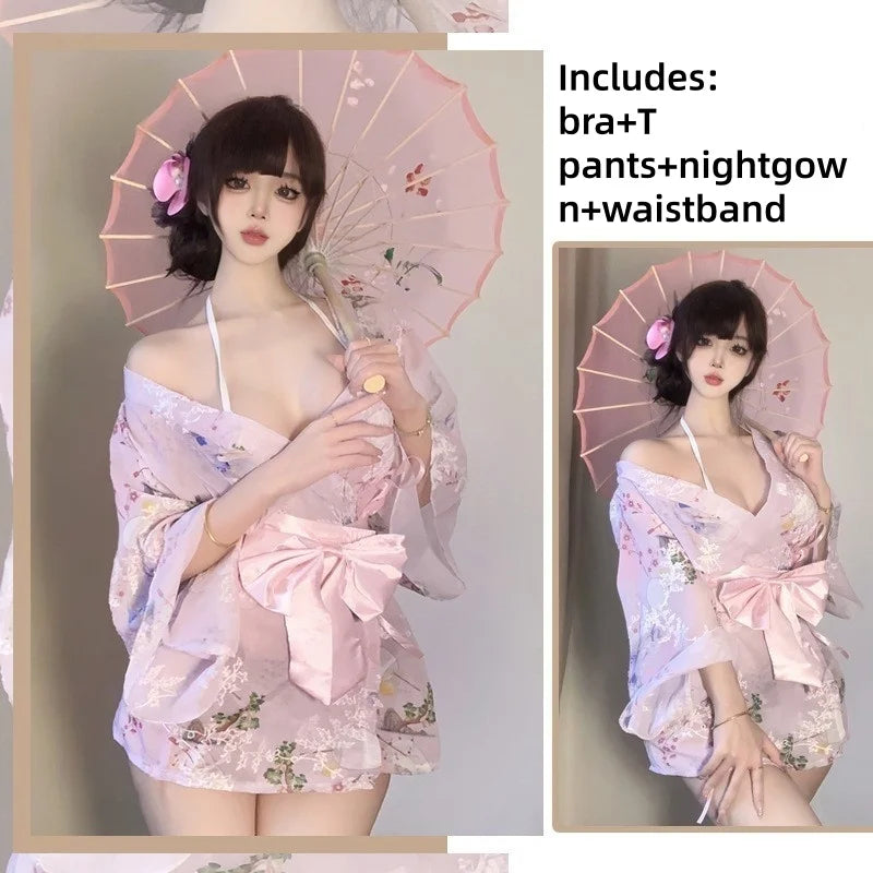 2026 New Tokyo Goddess Girl Sweet Bow Sexy Print Embroidered Kimono Bathrobe Chiffon Nightgown Erotic Lingerie Cosplay Costume