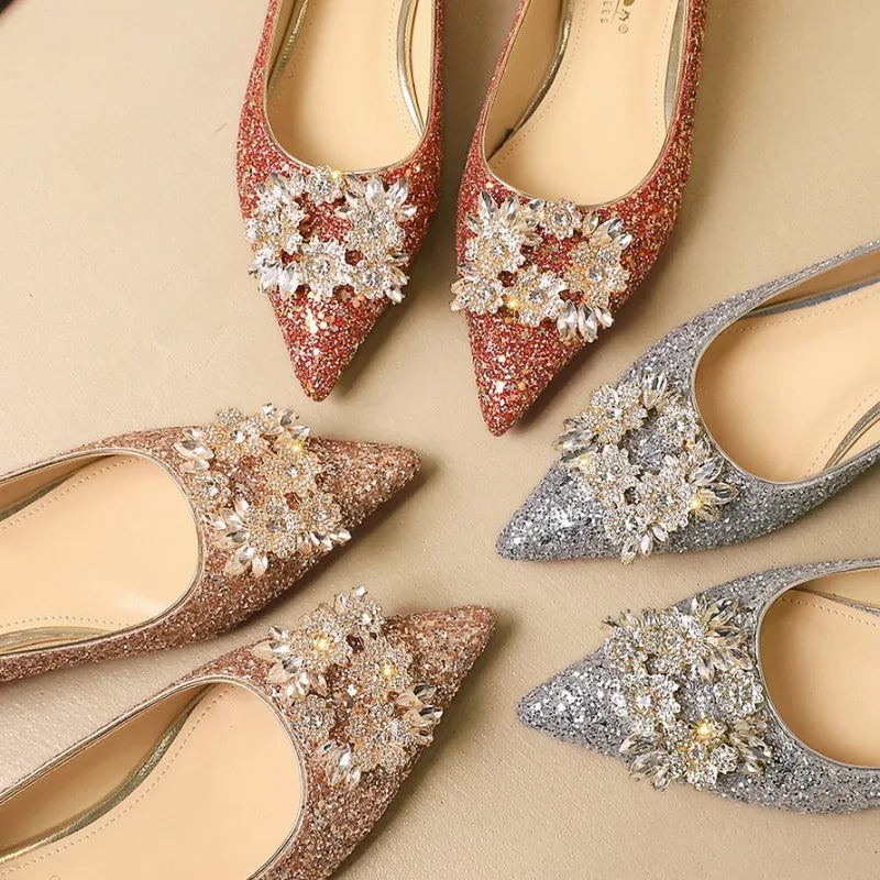 Designer Women Shoes Luxury Sequin Crystal Wedding Bridal Shoes Temperament Metal Buckle Rhinestone Pointe Low Heel Single Shoes