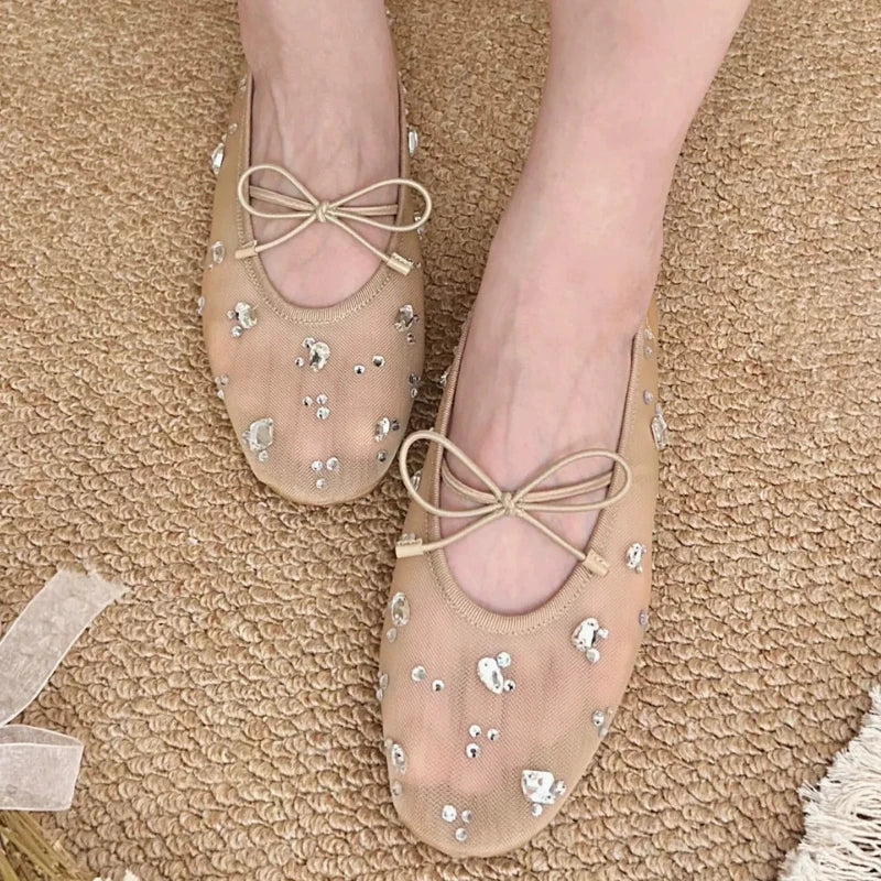 Diamond Luxury Mesh Mules Sandals Women Breathable Beach Mary Jane Shoes Female Comfort Summer New Fashion Ballet Flats Women