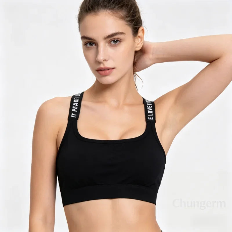 Women's Seamless Sports Crop Top Wide Letter Straps Wireless Back Comfortable Yoga Fitness Workout Activewear