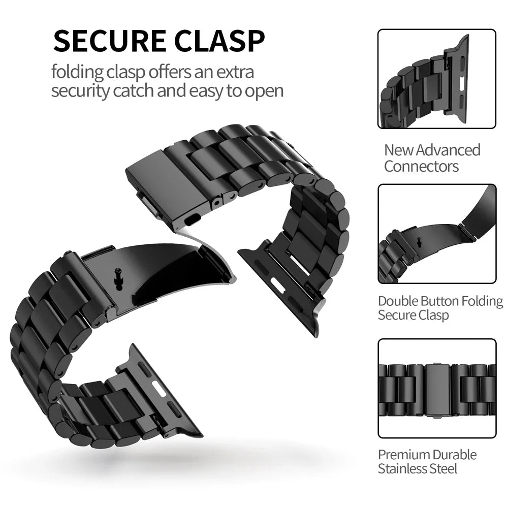 Stainless Steel Three-Bead Watch Strap for Apple Watch 44 45mm 38 40 4149 42mm Band Metal Wristband for iWatch 9 8 SE 7 6 5 4 3