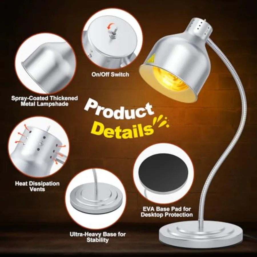 Food Heat Lamp for Restaurant Kitchen Buffet Counter Party Catering, Stainless Steel, Silver, 250W Dual-Bulb 360 Adjustable Por