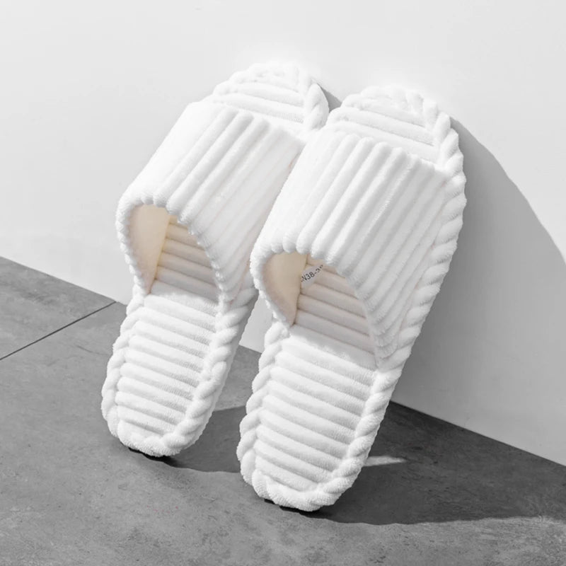 Open-Toe Breathable House Slippers for Women, Non-Slip Indoor Flat Comfort Striped/Solid Bathroom Slides for Hardwood Floors