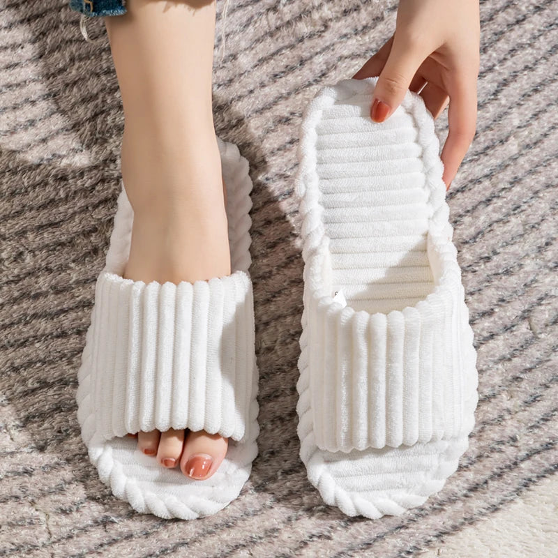 Open-Toe Breathable House Slippers for Women, Non-Slip Indoor Flat Comfort Striped/Solid Bathroom Slides for Hardwood Floors