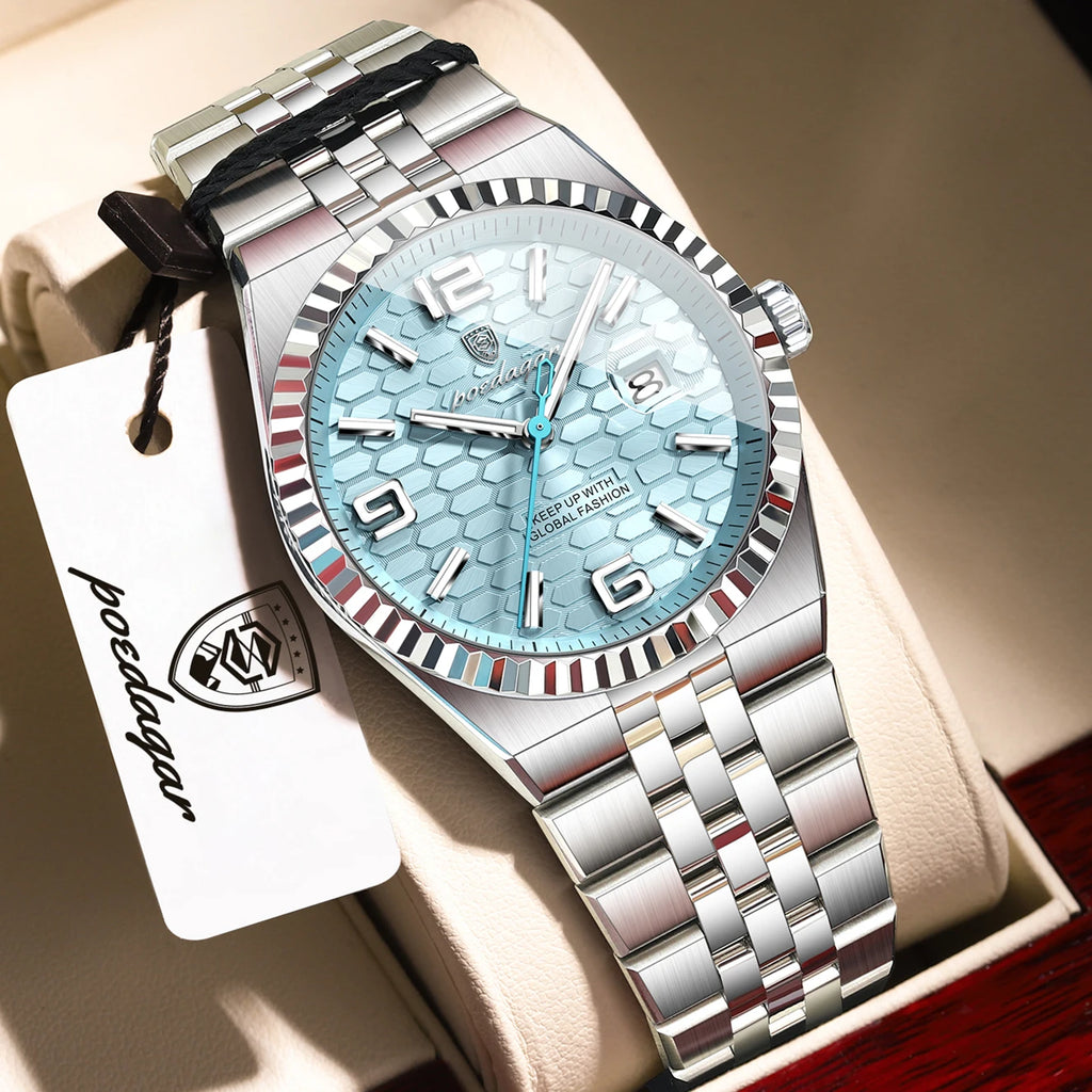 POEDAGAR Fashion Exquisite Men Wristwatches Waterproof Luminous Date Luxury Man Watch Stainless Steel Quartz Men's Watches Reloj