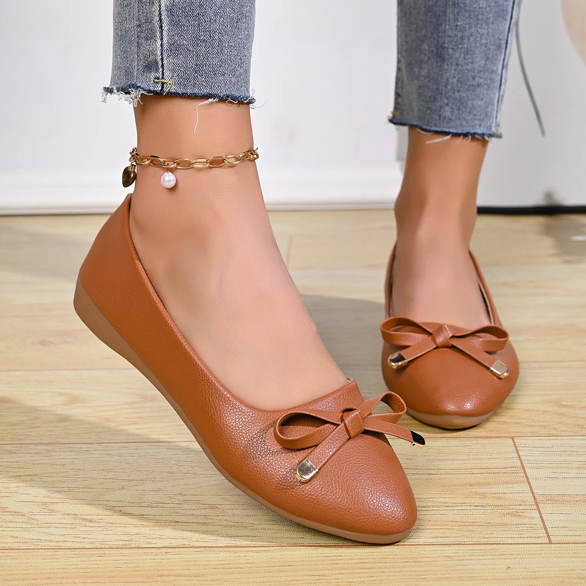 Bow Shallow Mouth Soft Sole Comfortable Leather Shoes Women's New Wedge Single Shoes