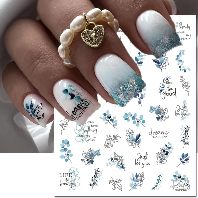 3d Nail Art Decals Grey Dry Florals Watercolor Nuance Flowers Adhesive Sliders Nails Stickers Decorations For Manicures Tips