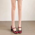 2026 French Block-heeled Mary Janes Feminine High-heeled Shallow Bow Single