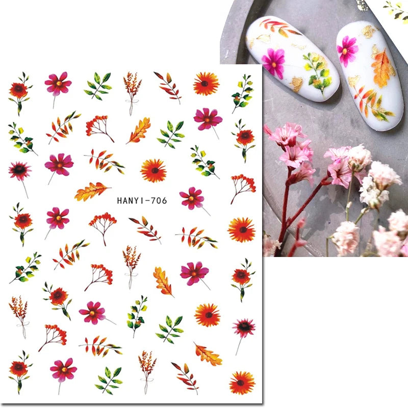 3d Nail Art Decals Grey Dry Florals Watercolor Nuance Flowers Adhesive Sliders Nails Stickers Decorations For Manicures Tips