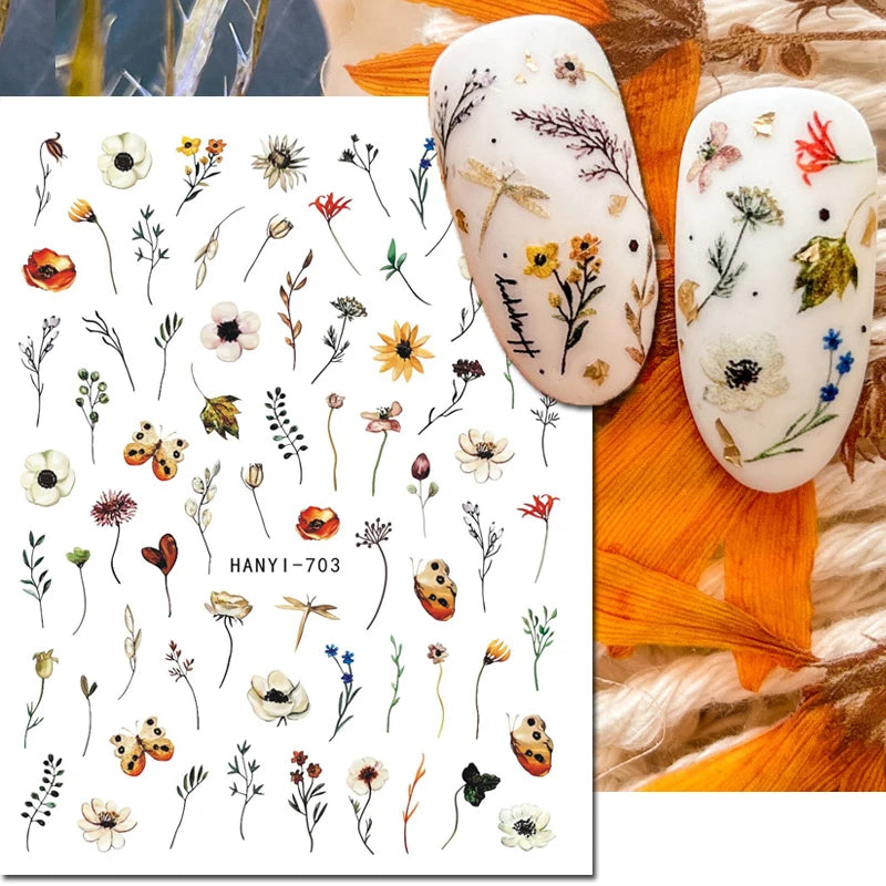 3d Nail Art Decals Grey Dry Florals Watercolor Nuance Flowers Adhesive Sliders Nails Stickers Decorations For Manicures Tips