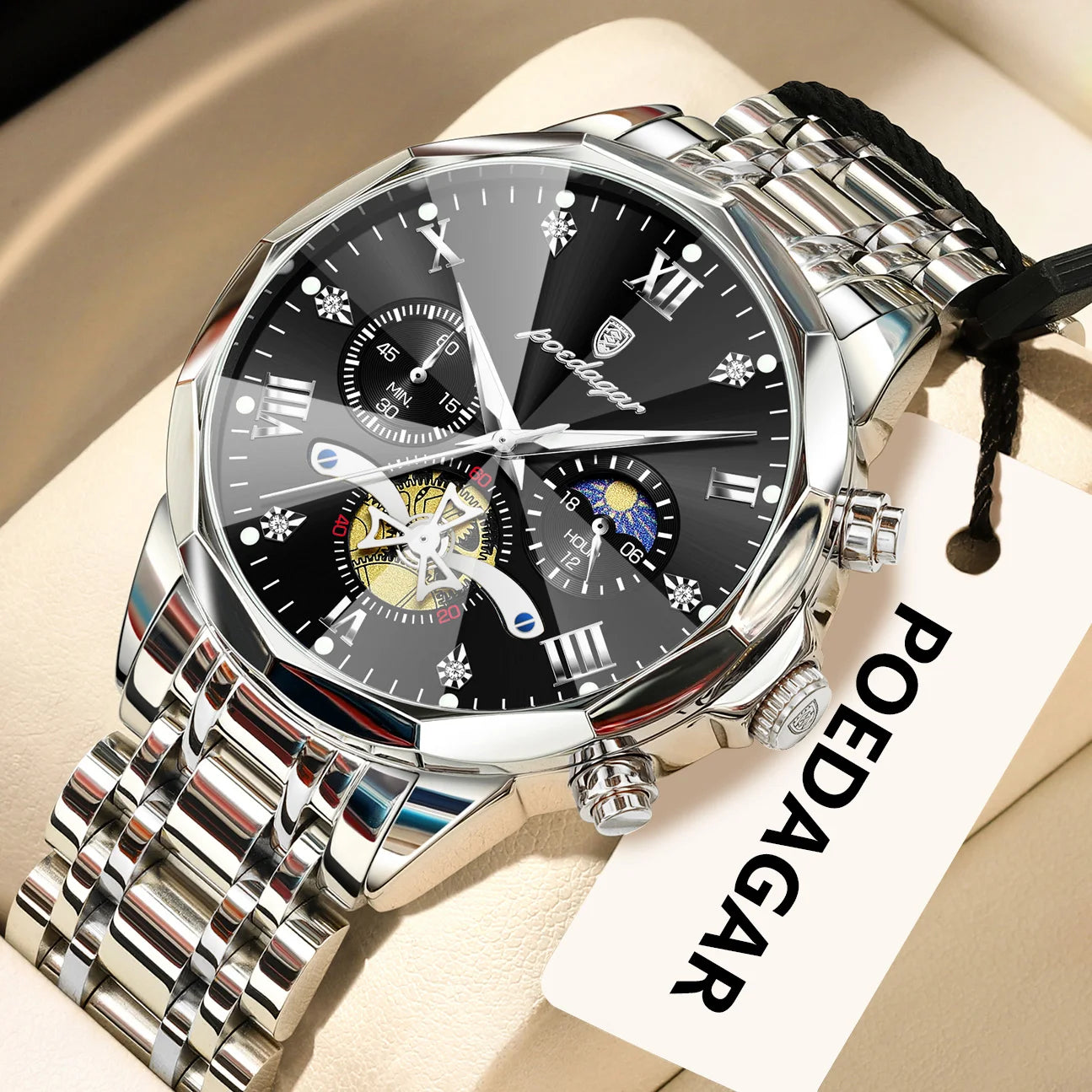 POEDAGAR Exquisite Business Men Watch Waterproof Luminous Chronograph Luxury Man Watches Stainless Steel Men's Quartz Wristwatch