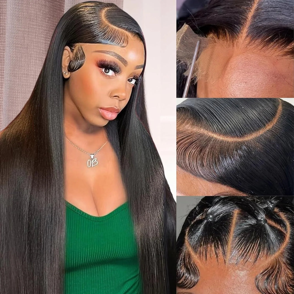 7x6 Straight Big Lace Front Wigs Human Hair No Glue HD Lace Front Closure Ready to Wear Wigs 220% Density Glueless Natural Black