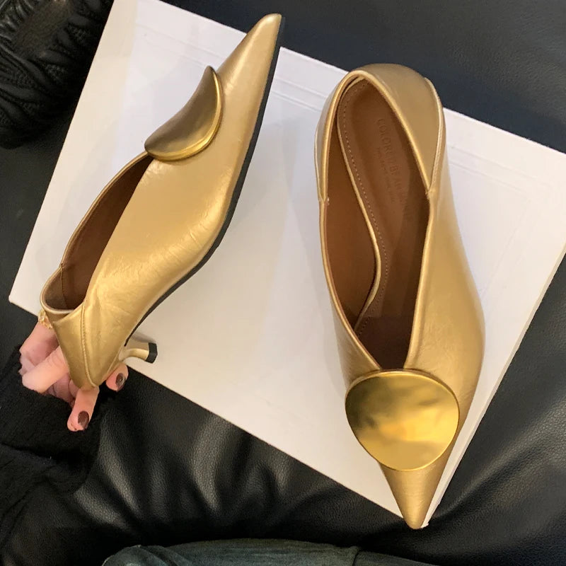 Luxury Women Metal Buckle Designer Pointed Toe Low Heels Shoes Spring/Summer Fashion Elegant Woman Dress Pumps Zapatos De Mujer