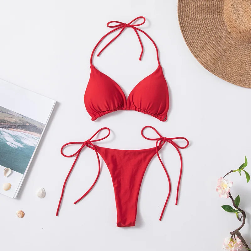 New European and American Pure Color Sexy Tied Rope Spicy Girl Temperament Women's Fashionable Bikini Swimsuit Bright Color
