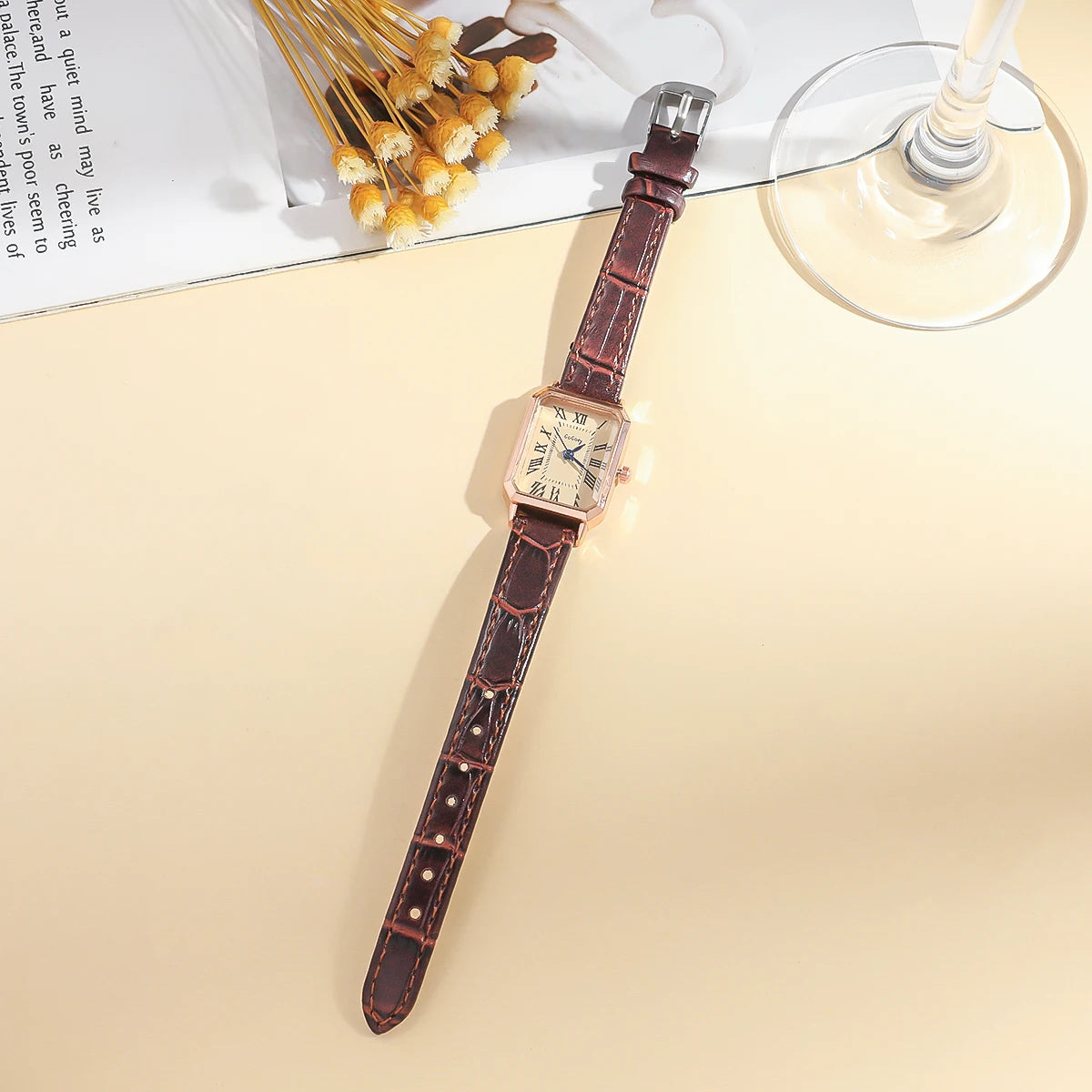 Women Retro Square Watch Roman Numeral Leather Strap Luxury Ladies Quartz Wristwatch