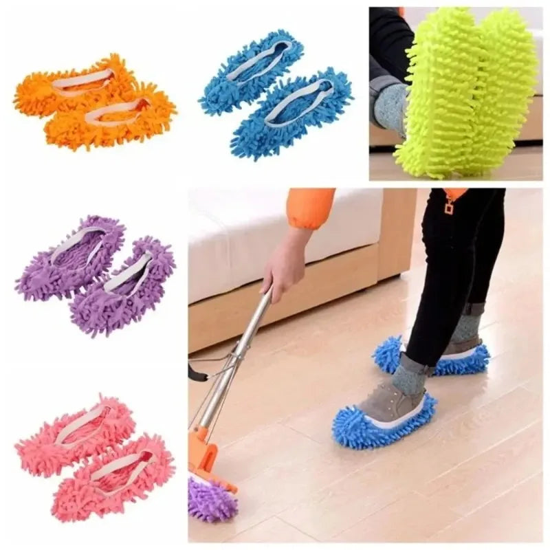 2 Pcs Chenille Mopping Shoes Colorful Household Cleaning Floor Dust Slippers Absorbent Cloth for Home Use