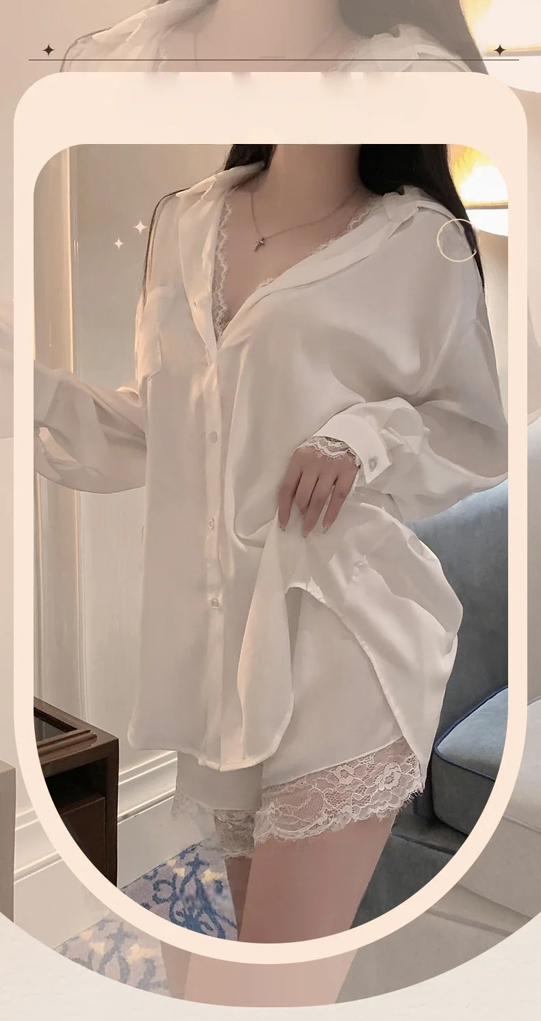Ladies sexy boyfriend style shirt sexy pure desire lace atmosphere emotional fun pajamas ice silk shirt skirt home service suit