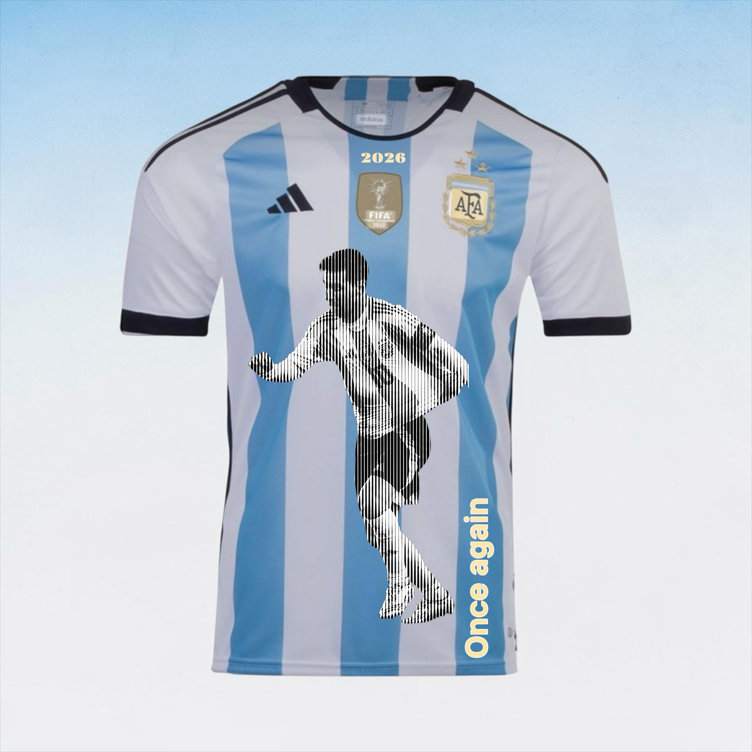 Dave El Jefe Store & Services Argentina 2026 World Cup jersey in white and sky blue stripes, featuring player graphic and "Once again" text.