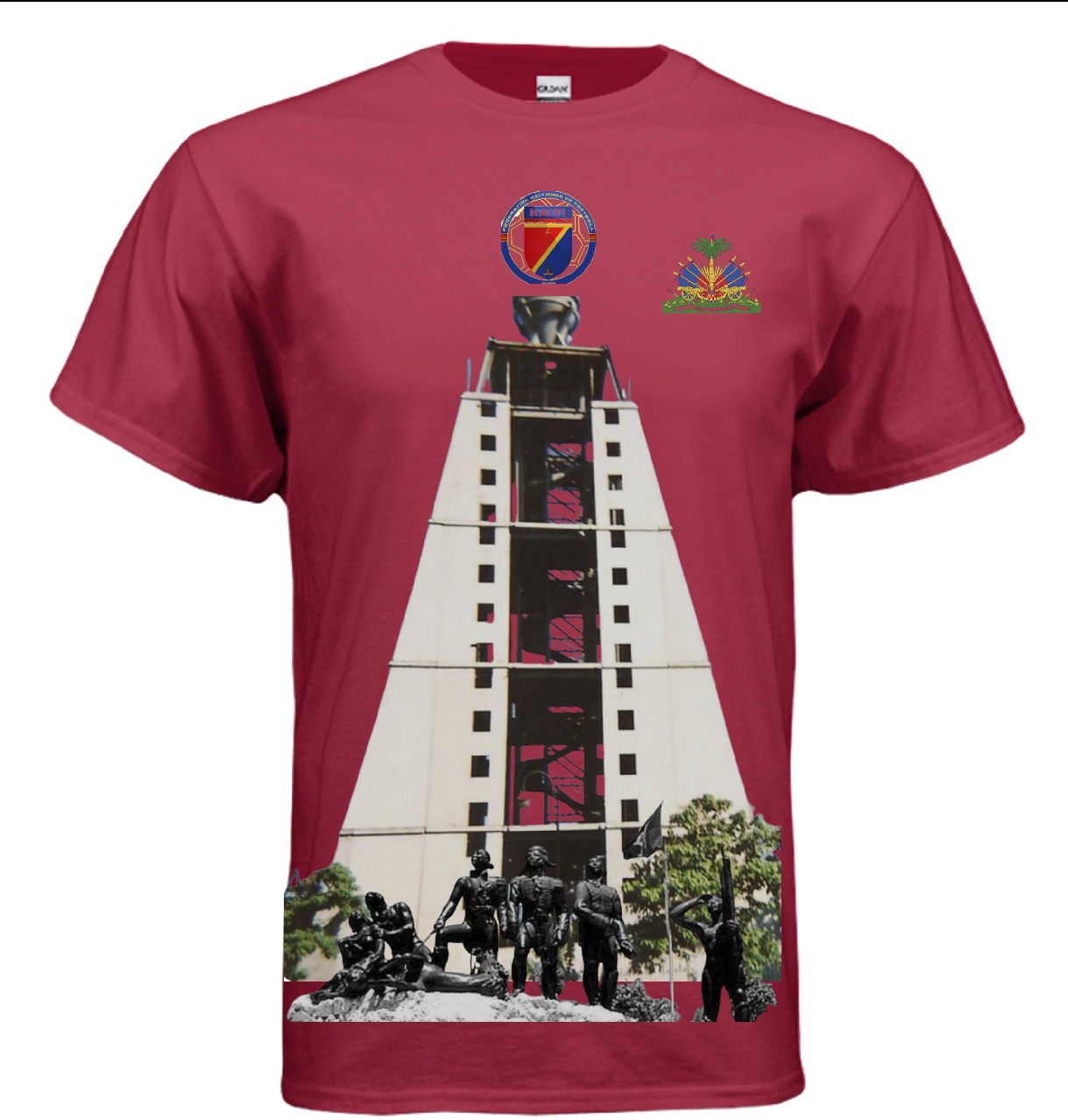 Dave El Jefe Store & Services deep red 100% cotton t-shirt with Haitian monument and statue graphic, featuring a tower, sculptures, and national emblems.