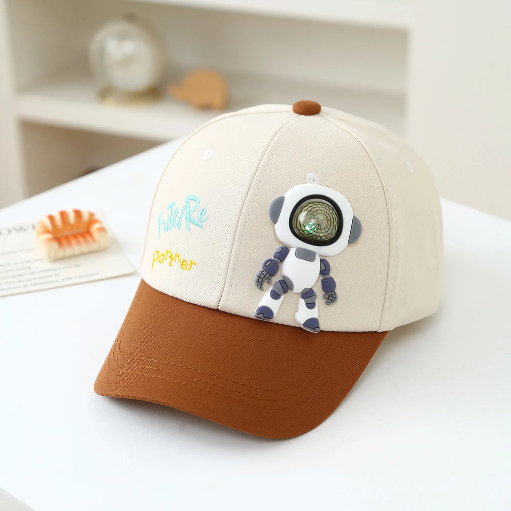 Children's soft rubber robot doll with "Future Partner" colorful letter embroidery contrast baseball cap