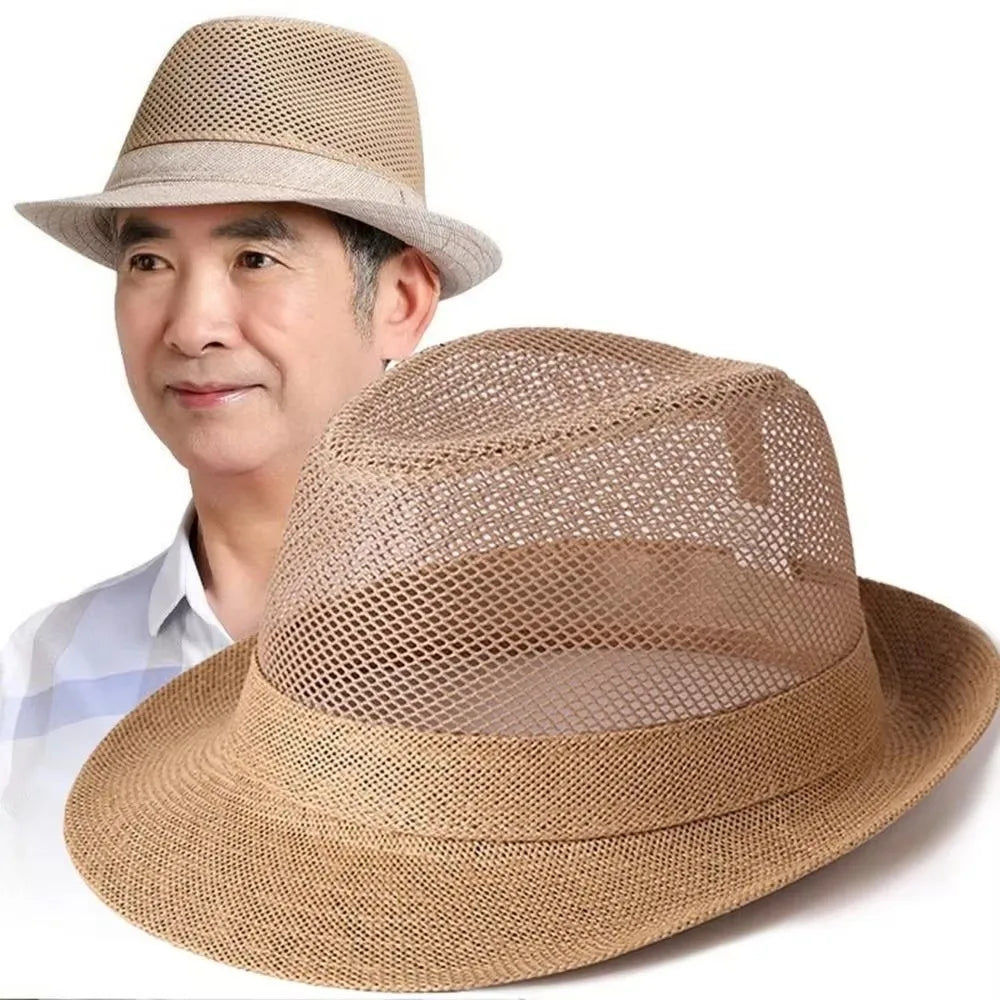 Fashion Breathable Mesh Top Hat Solid Color Lightweight Hollow Sun Hat Sun Protection Rolled Brim Beach Jazz Cap Casual Wear