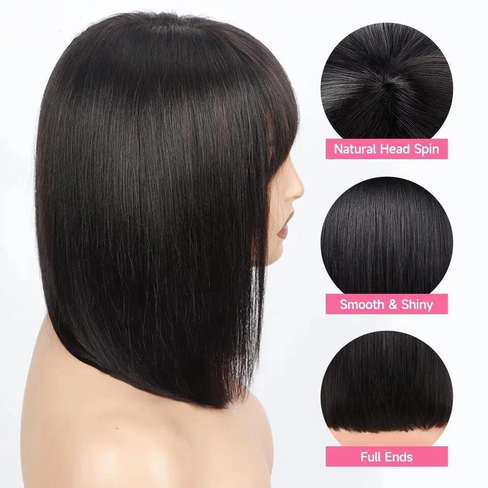 Glueless Straight Bob Human Hair Wigs With Bangs for Women Daily Use 8-10 Inch Non Lace Machine Made Straight Bob Wig On Sale