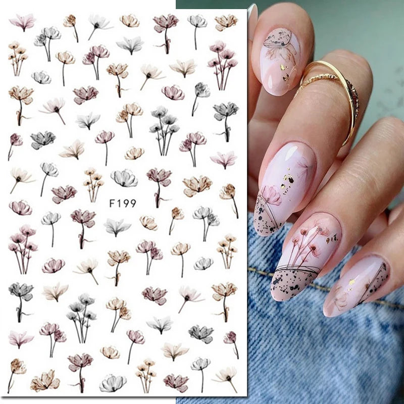 3d Nail Art Decals Grey Dry Florals Watercolor Nuance Flowers Adhesive Sliders Nails Stickers Decorations For Manicures Tips