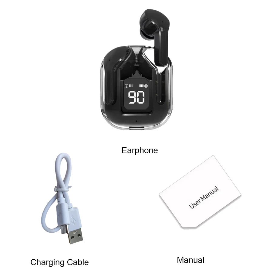 New Bluetooth 5.3 Wireless Headset Transparent Headphones LED Power Digital Display Stereo Sound Earphones for Sports Working