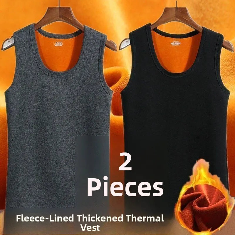 Men's Gold Velvet Fleece Lined Thickened Sleeveless Vest Warm Underwear Autumn Winter round Neck Knitted Vest Youth Casual Wear