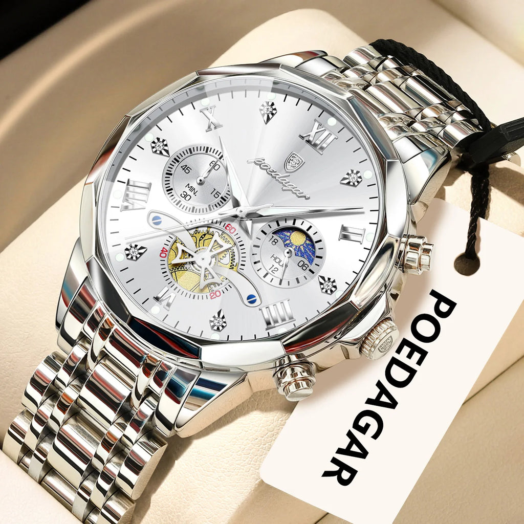 POEDAGAR Exquisite Business Men Watch Waterproof Luminous Chronograph Luxury Man Watches Stainless Steel Men's Quartz Wristwatch