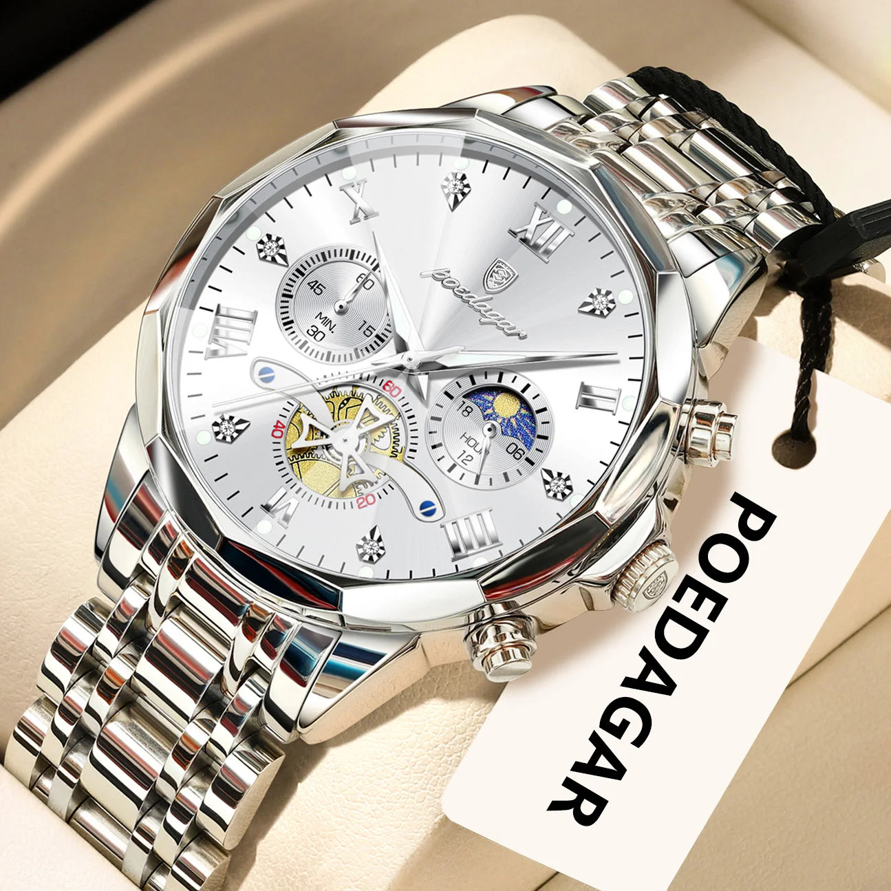 POEDAGAR Exquisite Business Men Watch Waterproof Luminous Chronograph Luxury Man Watches Stainless Steel Men's Quartz Wristwatch