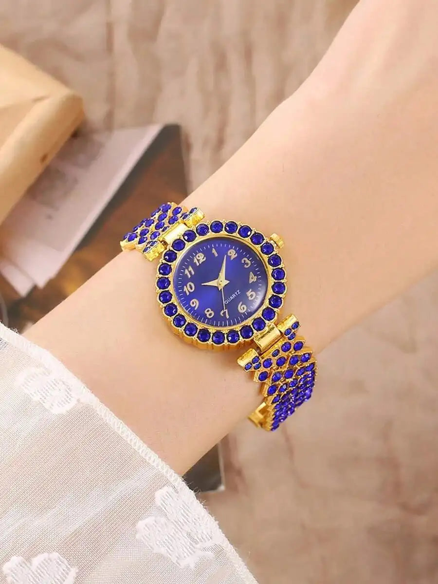 Luxury Blue Crystal Inlaid Alloy Womens Quartz Wristwatch With Bracelet Band