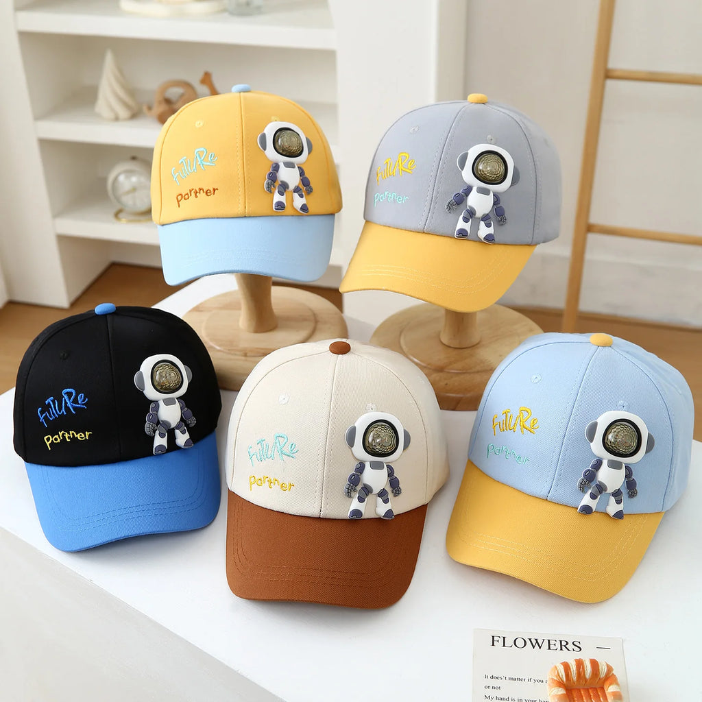 Children's soft rubber robot doll with "Future Partner" colorful letter embroidery contrast baseball cap