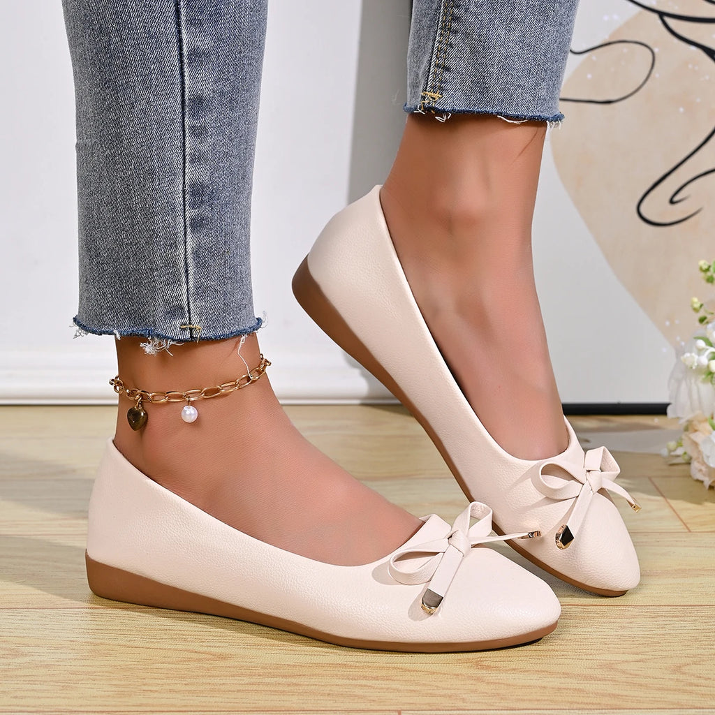 Bow Shallow Mouth Soft Sole Comfortable Leather Shoes Women's New Wedge Single Shoes