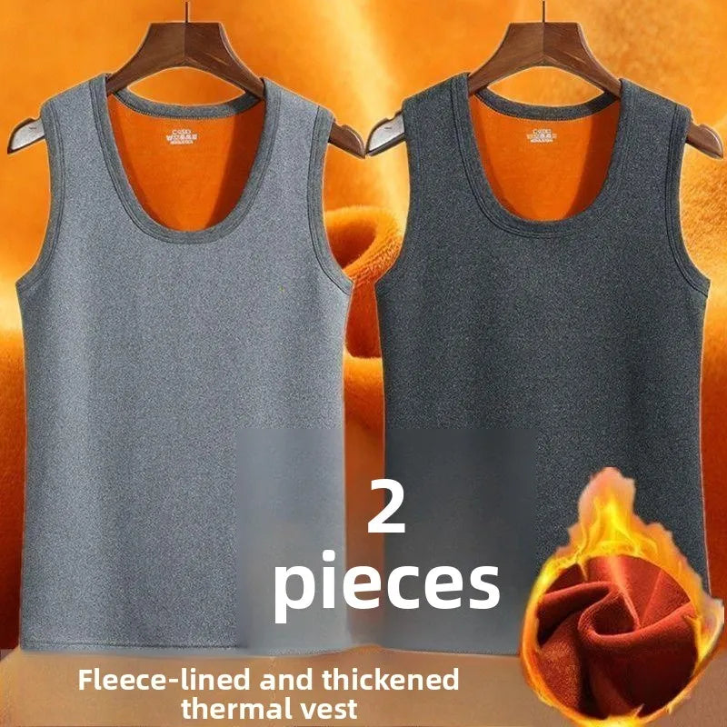 Men's Gold Velvet Fleece Lined Thickened Sleeveless Vest Warm Underwear Autumn Winter round Neck Knitted Vest Youth Casual Wear