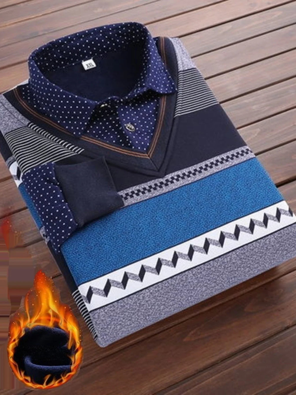 Thiened Fce Warmth Underwear irt Collar Slim Fit Dad Base irt Fake Two-Piece Design Winter Season Long Sve Knitwear