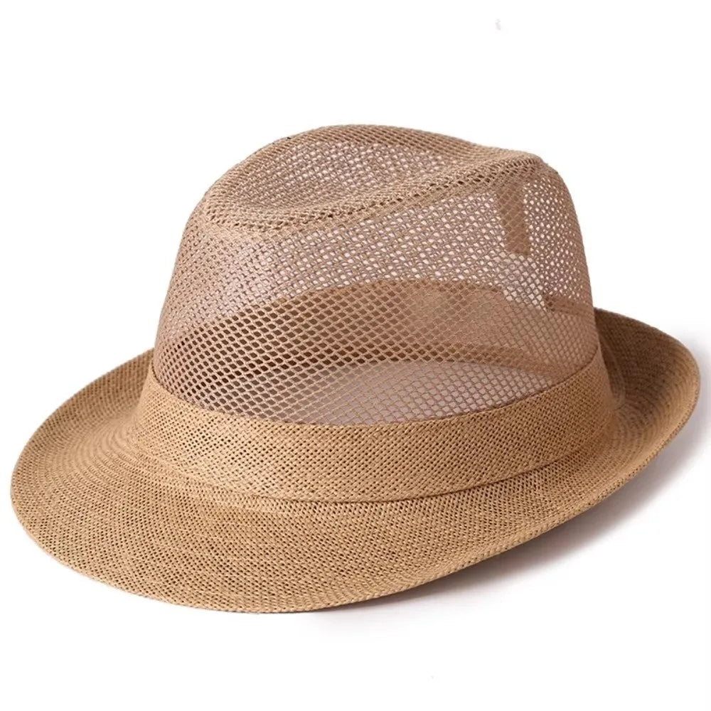 Fashion Breathable Mesh Top Hat Solid Color Lightweight Hollow Sun Hat Sun Protection Rolled Brim Beach Jazz Cap Casual Wear