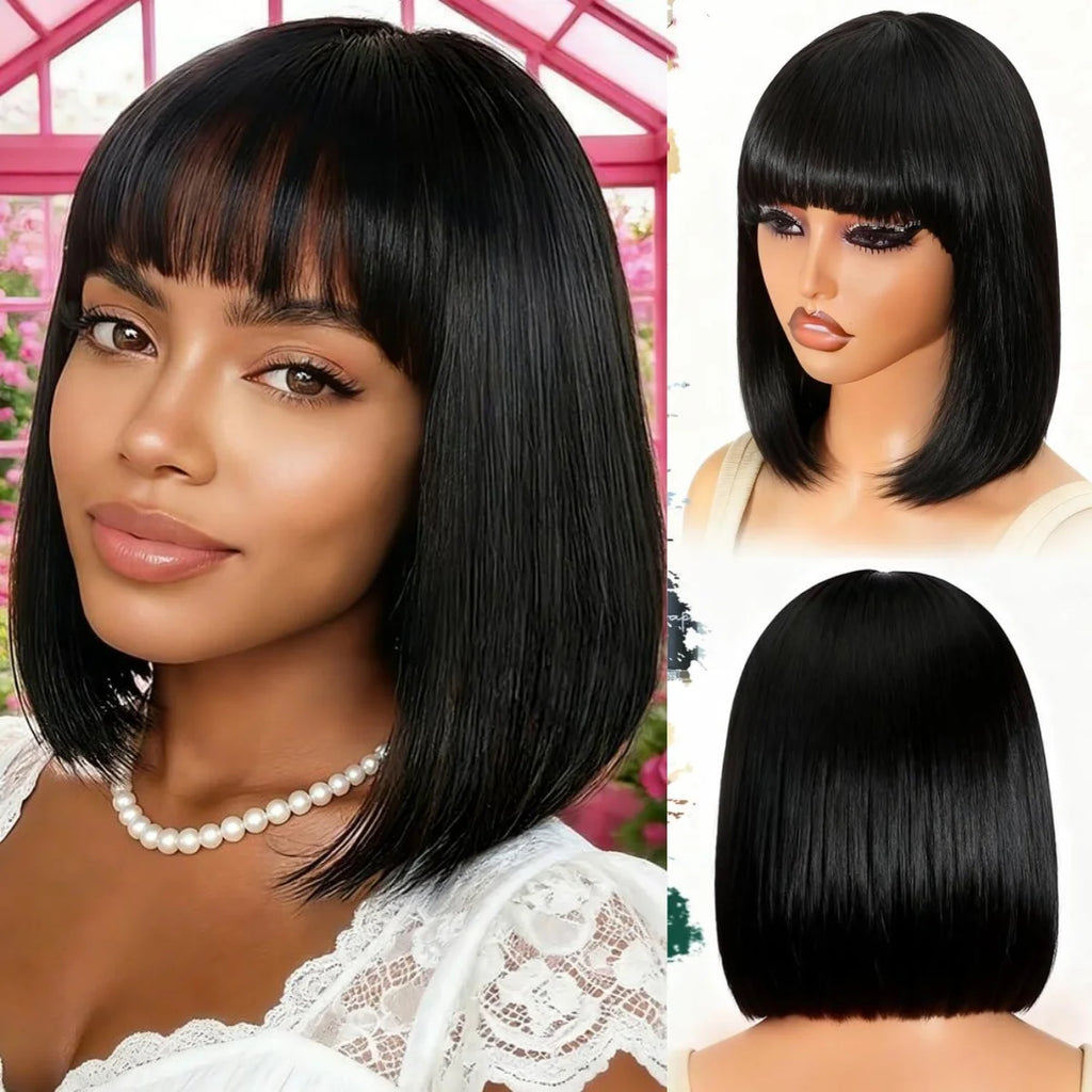 Glueless Straight Bob Human Hair Wigs With Bangs for Women Daily Use 8-10 Inch Non Lace Machine Made Straight Bob Wig On Sale
