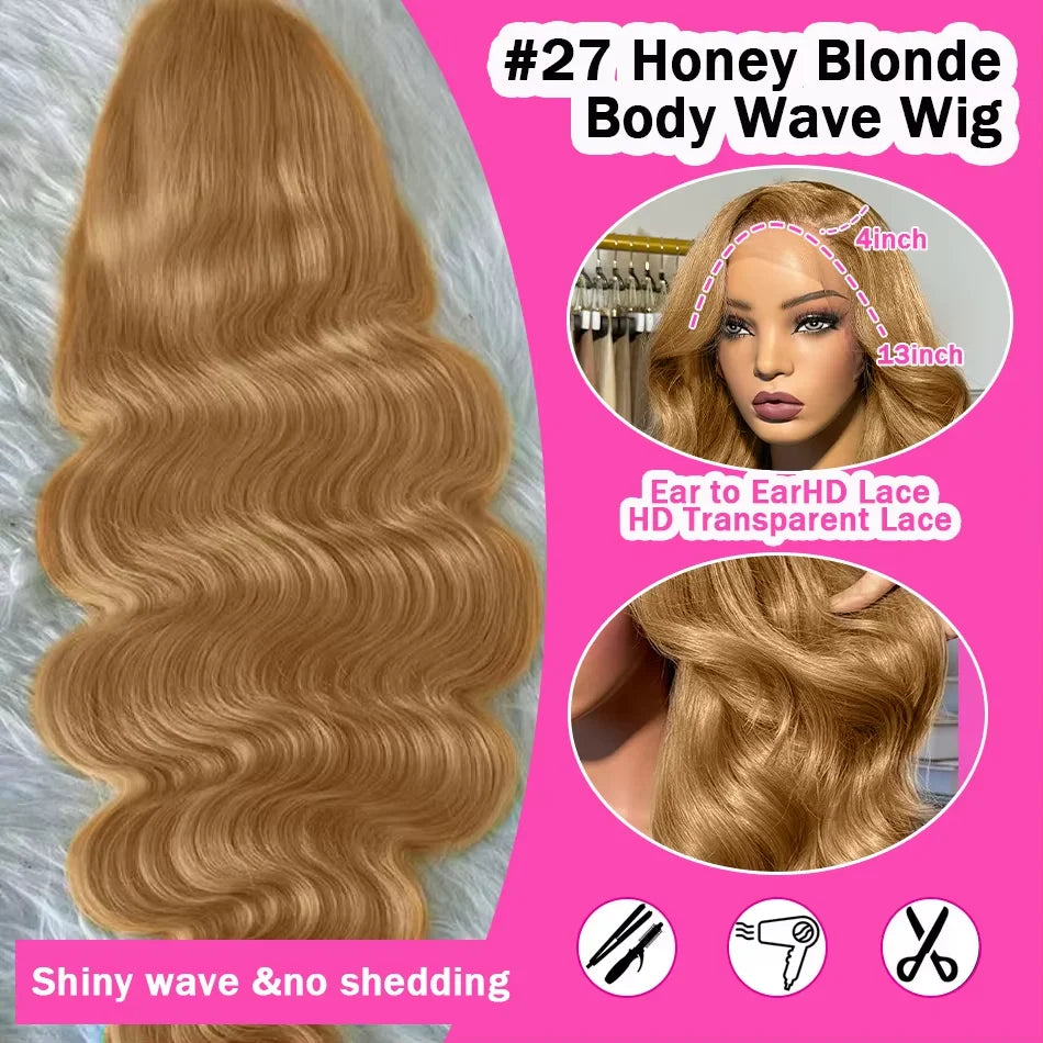 Peruvian 34 36 inch Honey Blonde 13x6 HD Lace Front Human Hair Wigs #27 Color Body Wave Glueless 13x4 Lace Fontal Wig For Women