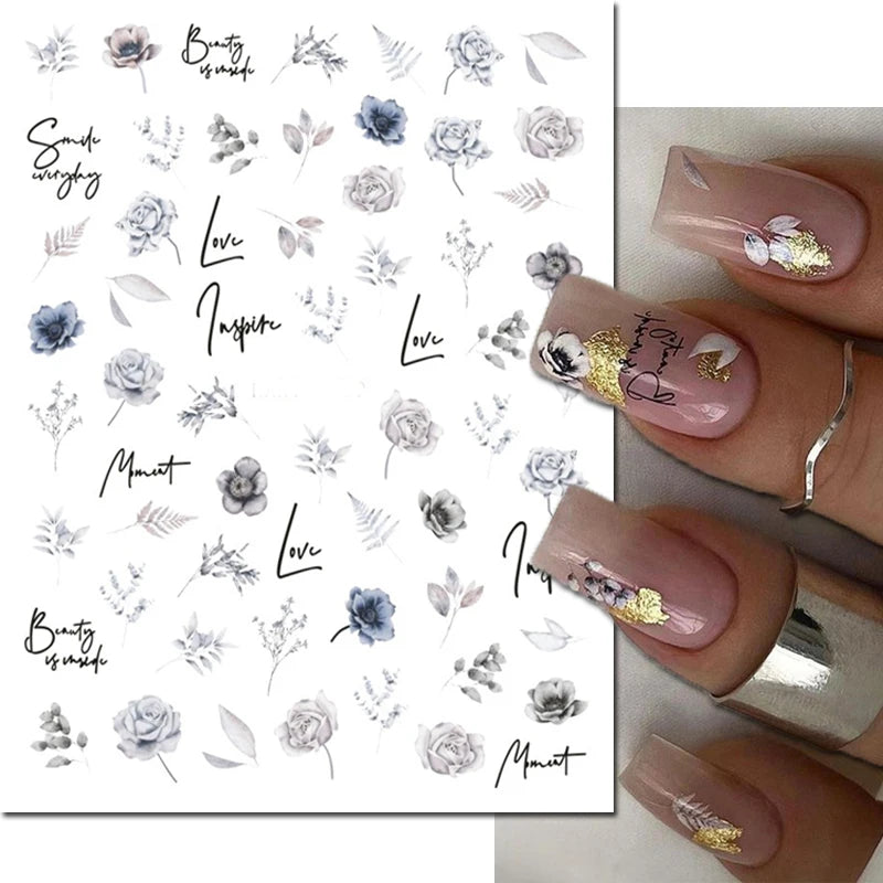 3d Nail Art Decals Grey Dry Florals Watercolor Nuance Flowers Adhesive Sliders Nails Stickers Decorations For Manicures Tips