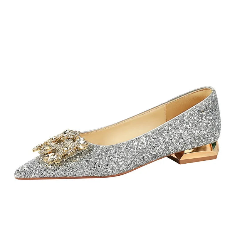 Designer Women Shoes Luxury Sequin Crystal Wedding Bridal Shoes Temperament Metal Buckle Rhinestone Pointe Low Heel Single Shoes