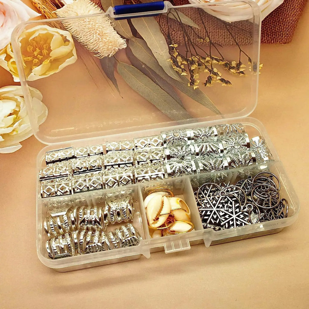 Dreadlock Braid Hair Decor Silver Tone Leaf Snowflake Wood Bead Shell Hollow Connection Ring Kit For Party Wig Styling