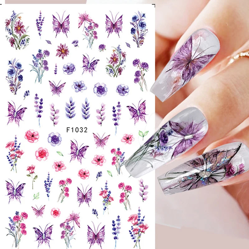 3d Nail Art Decals Grey Dry Florals Watercolor Nuance Flowers Adhesive Sliders Nails Stickers Decorations For Manicures Tips