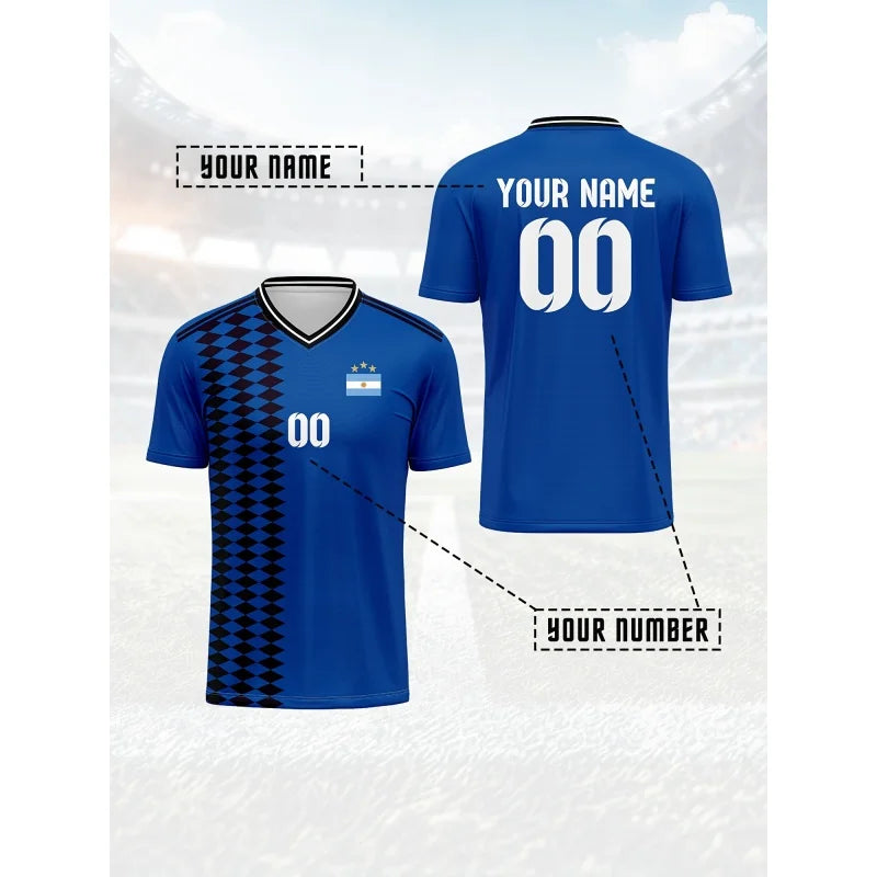 Argentina Jerseys Pattern T-Shirt For Men Football Customized 3D Print Short Sleeve Tops Summer Loose V-Neck T Shirts Sport Tees