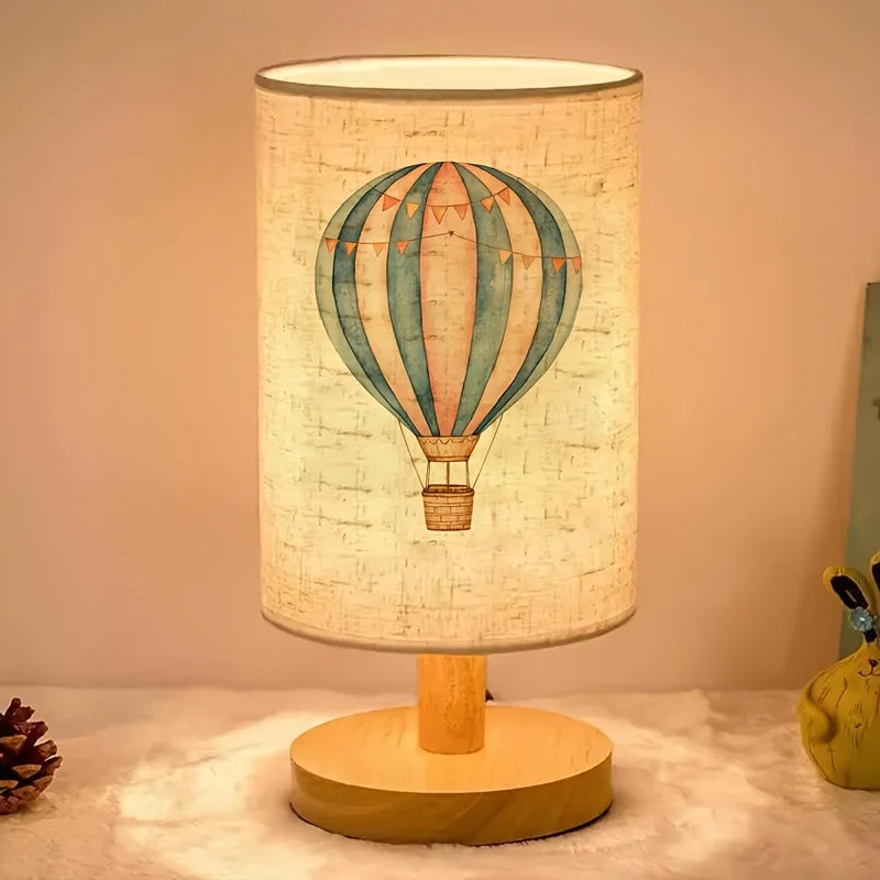 Hot Air Balloon Printed Minimalist Ambient Table Lamp - Linen Shade, USB Powered, Suitable for Bedroom, Ideal as  Home Decor